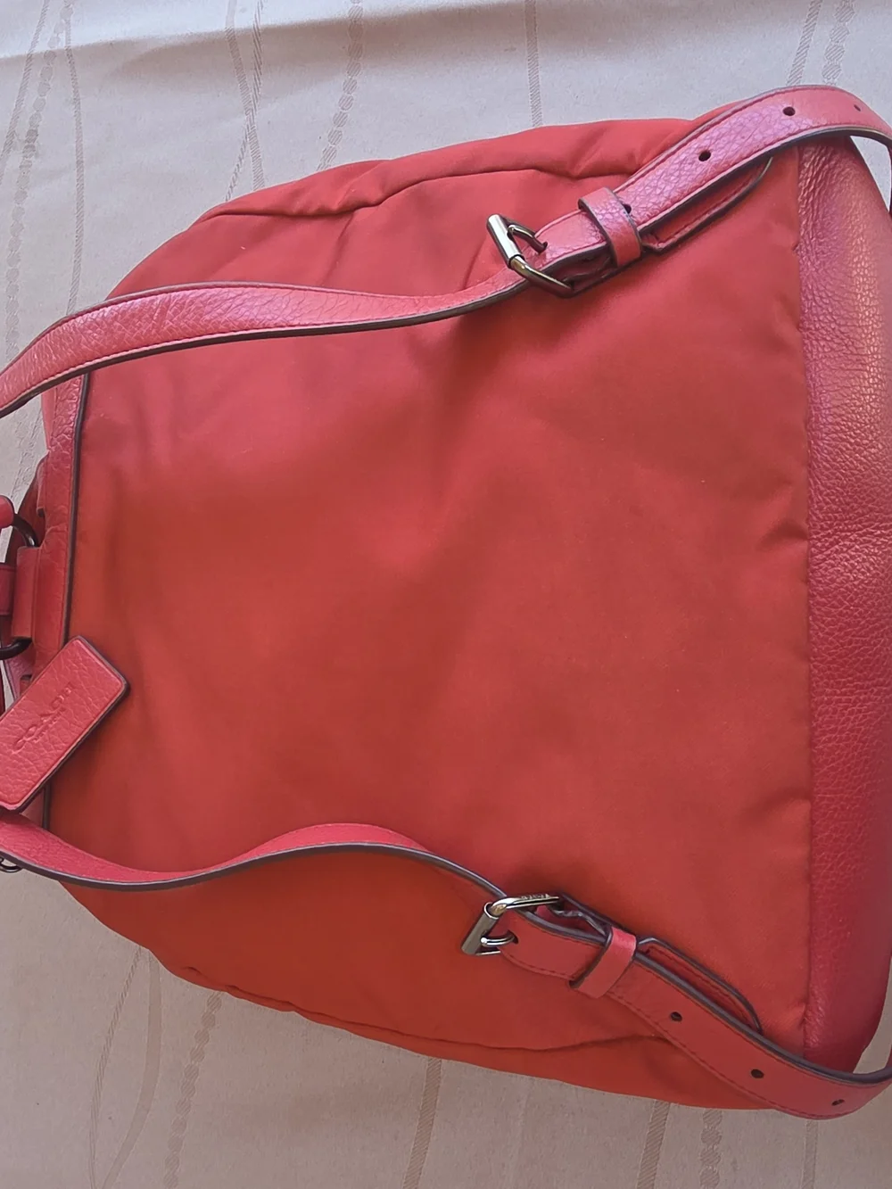 Auth COACH Nylon Leather Bucket Mouth Backpack Drawstring Turn lock F58814 Red
